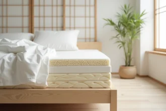 Matelas en latex japonais exposé en coupe dans un showroom minimaliste avec cadre de lit en bois clair et décoration épurée
