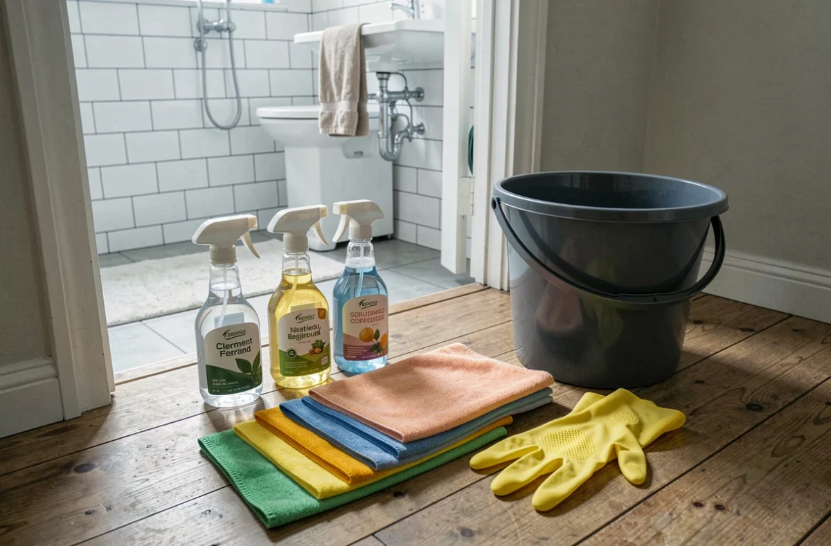 Matériel de ménage professionnel disposé sur le sol d'un appartement propre à Clermont-Ferrand, incluant produits écologiques et chiffons microfibres