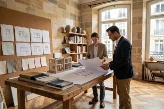 Studio d'architecte d'intérieur en Île-de-France avec table de travail, plans et échantillons de matériaux