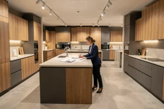 Showroom de cuisinistes dans l'Allier avec plusieurs modèles de cuisines exposés et une designer étudiant des plans
