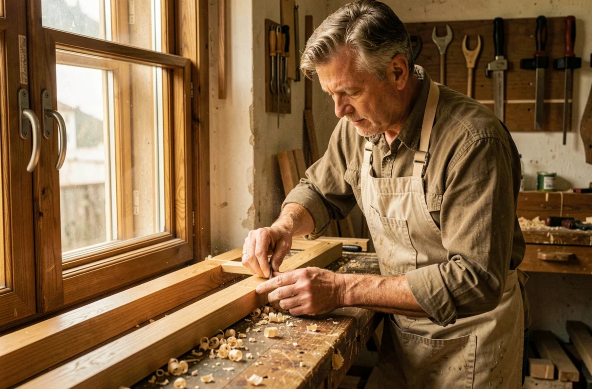 Artisan fabricant-poseur de la Menuiserie Gaudillère assemblant une fenêtre en bois dans son atelier du Jura