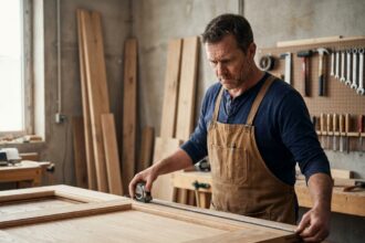 Menuisier professionnel mesurant un cadre de porte en bois dans son atelier à Courbevoie