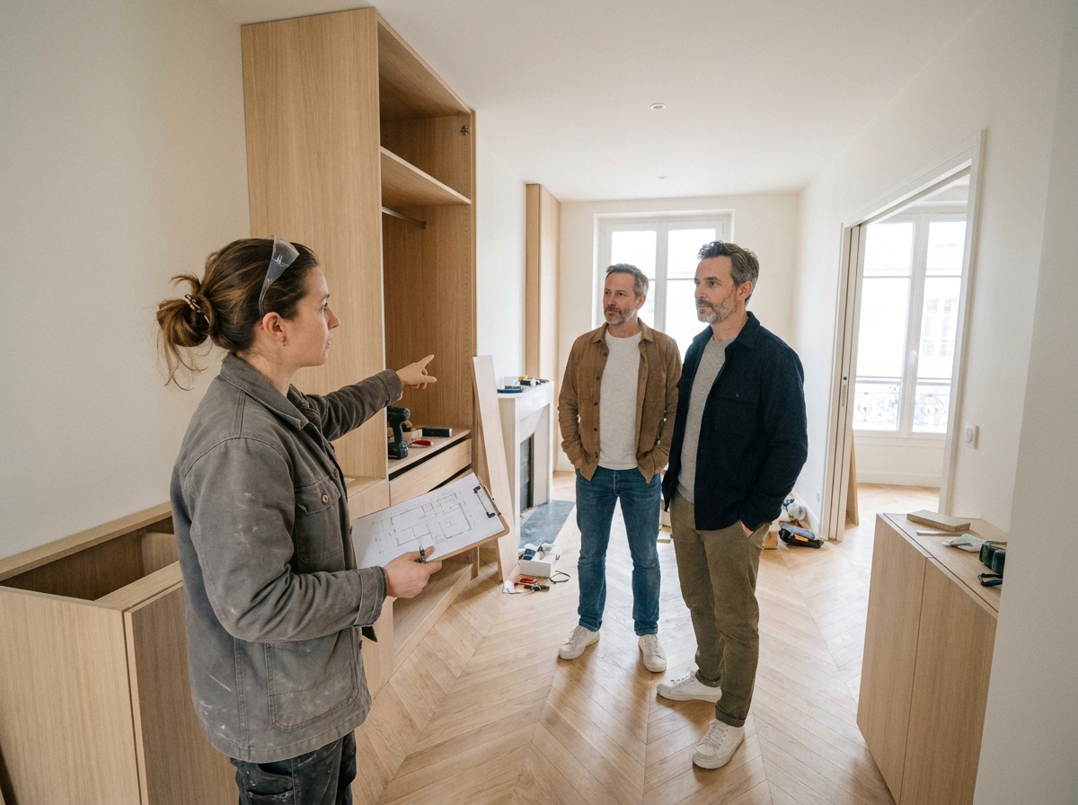 Menuisière en discussion avec des clients pour des travaux de menuiserie sur mesure dans un appartement moderne