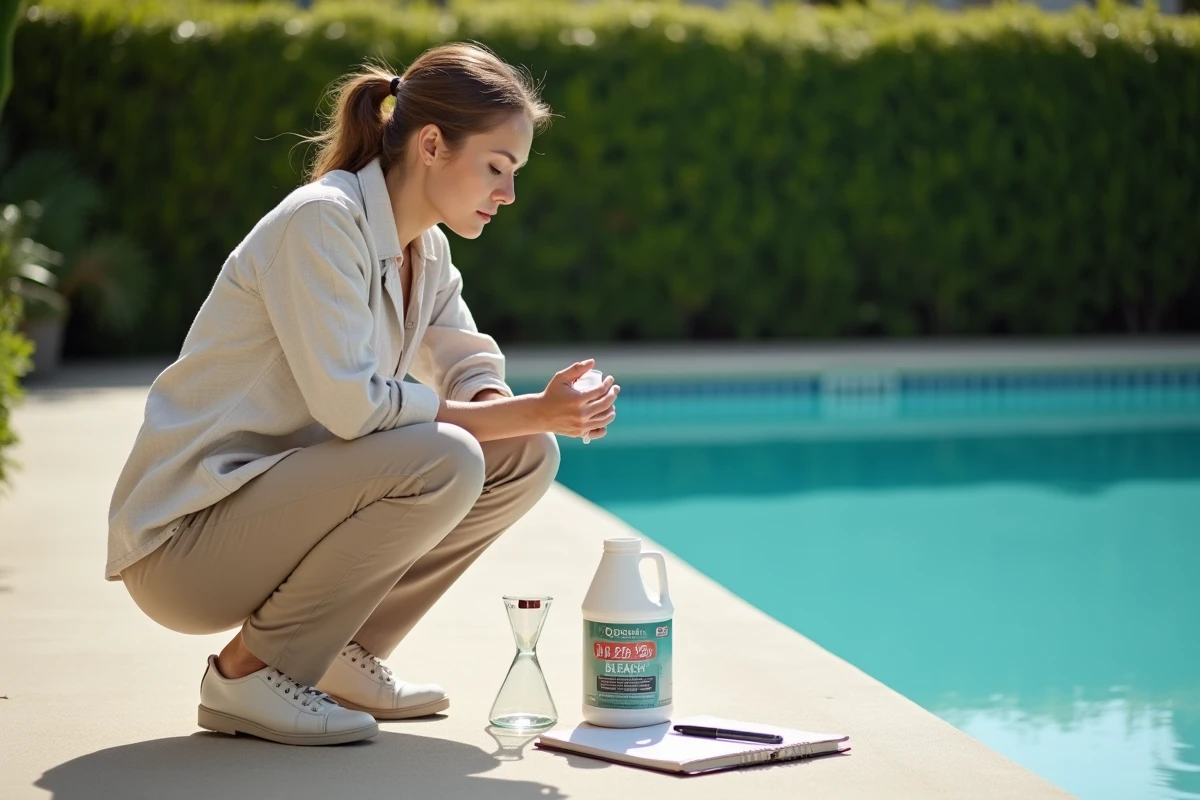 Femme mesurant la dose de javel 9,6% pour traiter une piscine de 50 m3