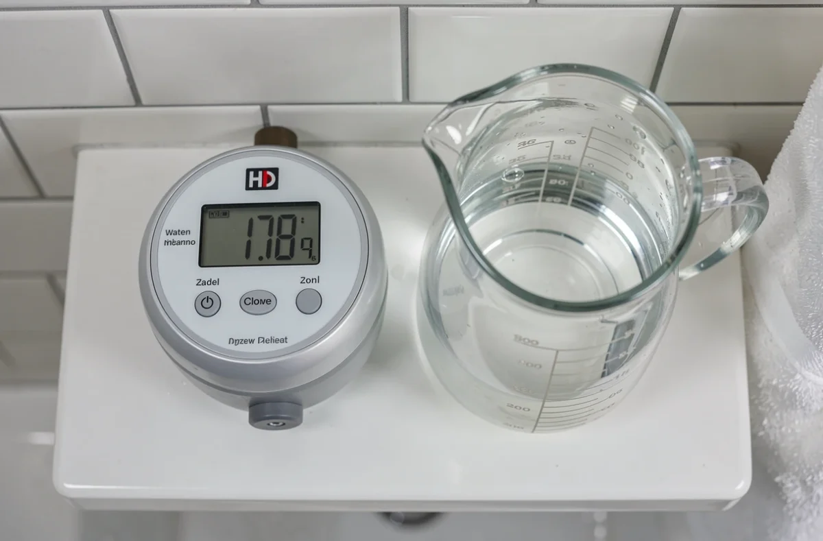 Compteur d'eau numérique et carafe graduée en verre illustrant la mesure de la consommation d'eau sous la douche en litres