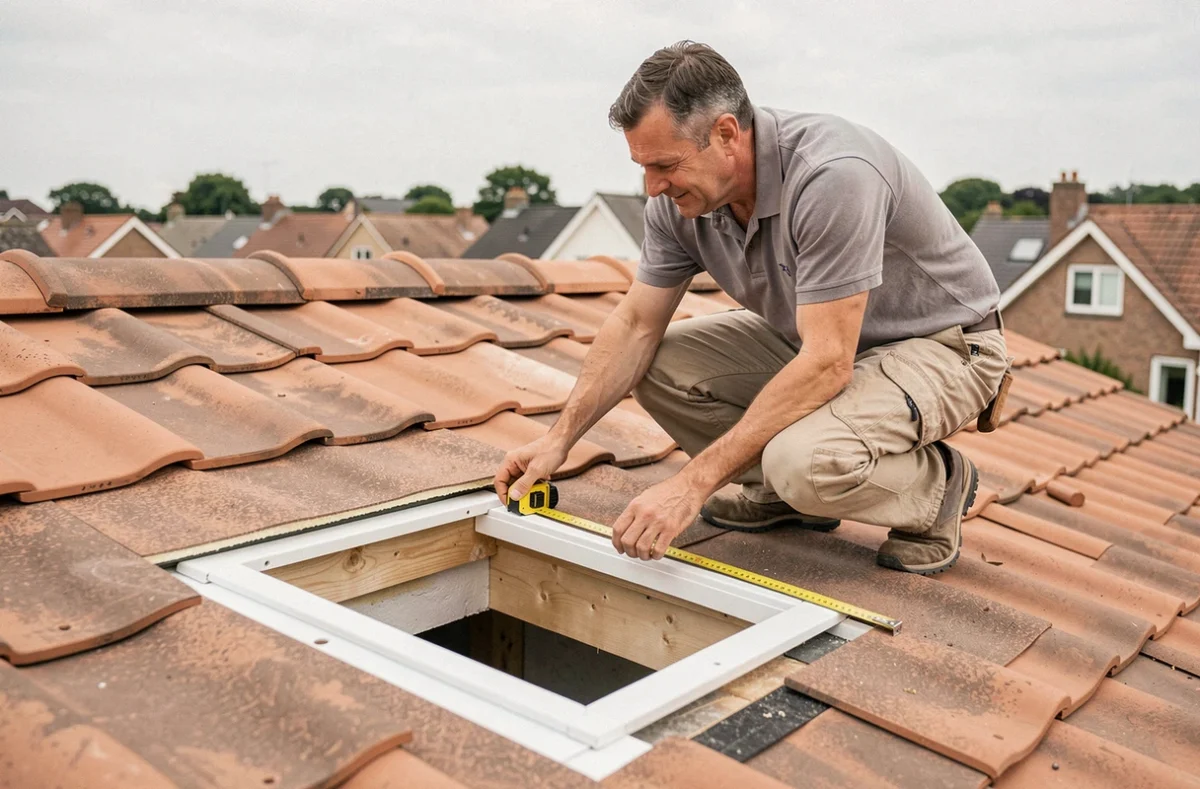 Artisan mesurant l'ouverture de pose d'une fenêtre Velux 55x78 sur une toiture en tuiles avec isolation rigide visible