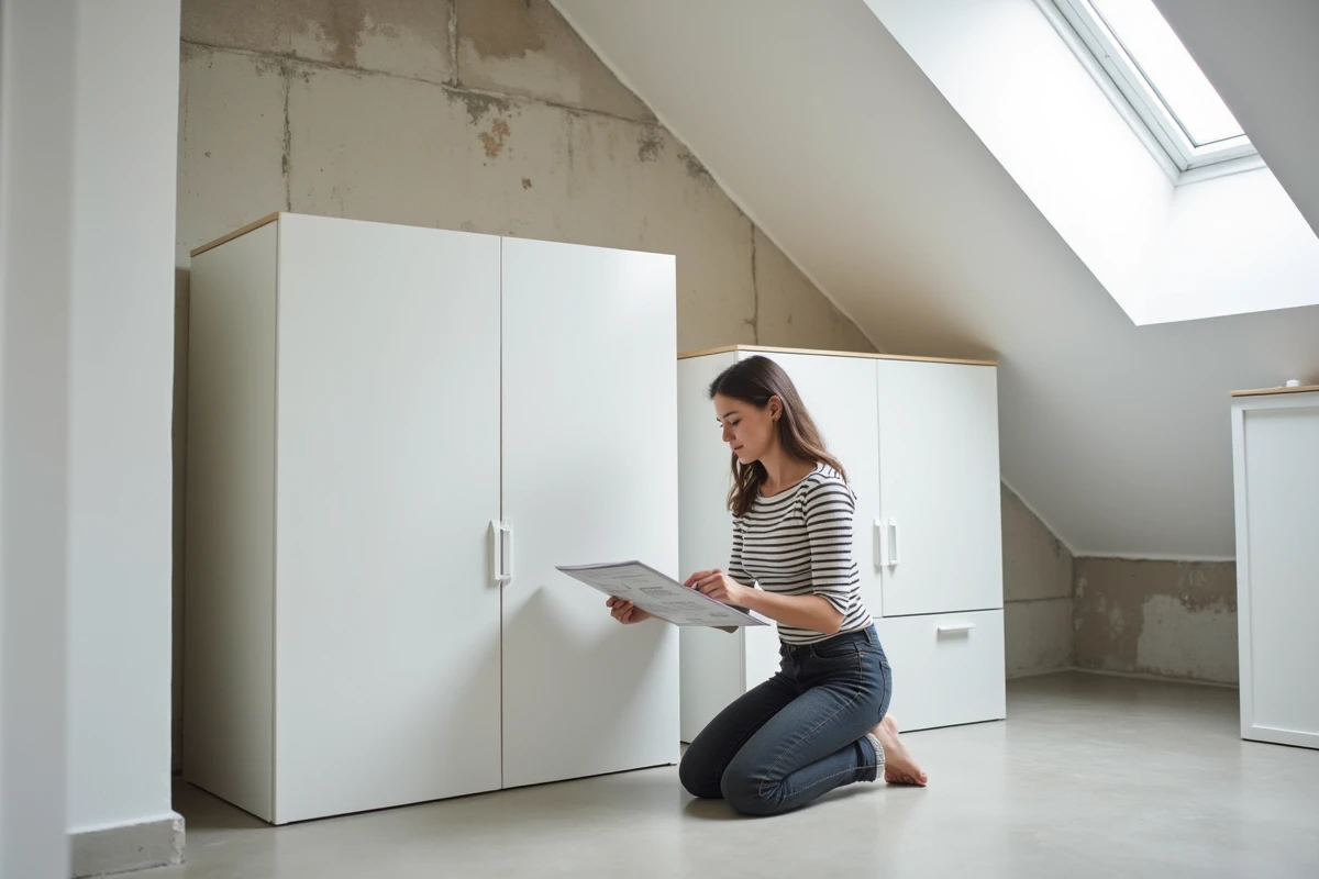 Meuble prêt à poser pour comble avec pente en cours d'assemblage dans un loft moderne aux murs blancs