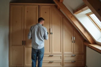 Meuble sur mesure sous pente de toit en bois de chêne dans une chambre mansardée parisienne avec charpente apparente