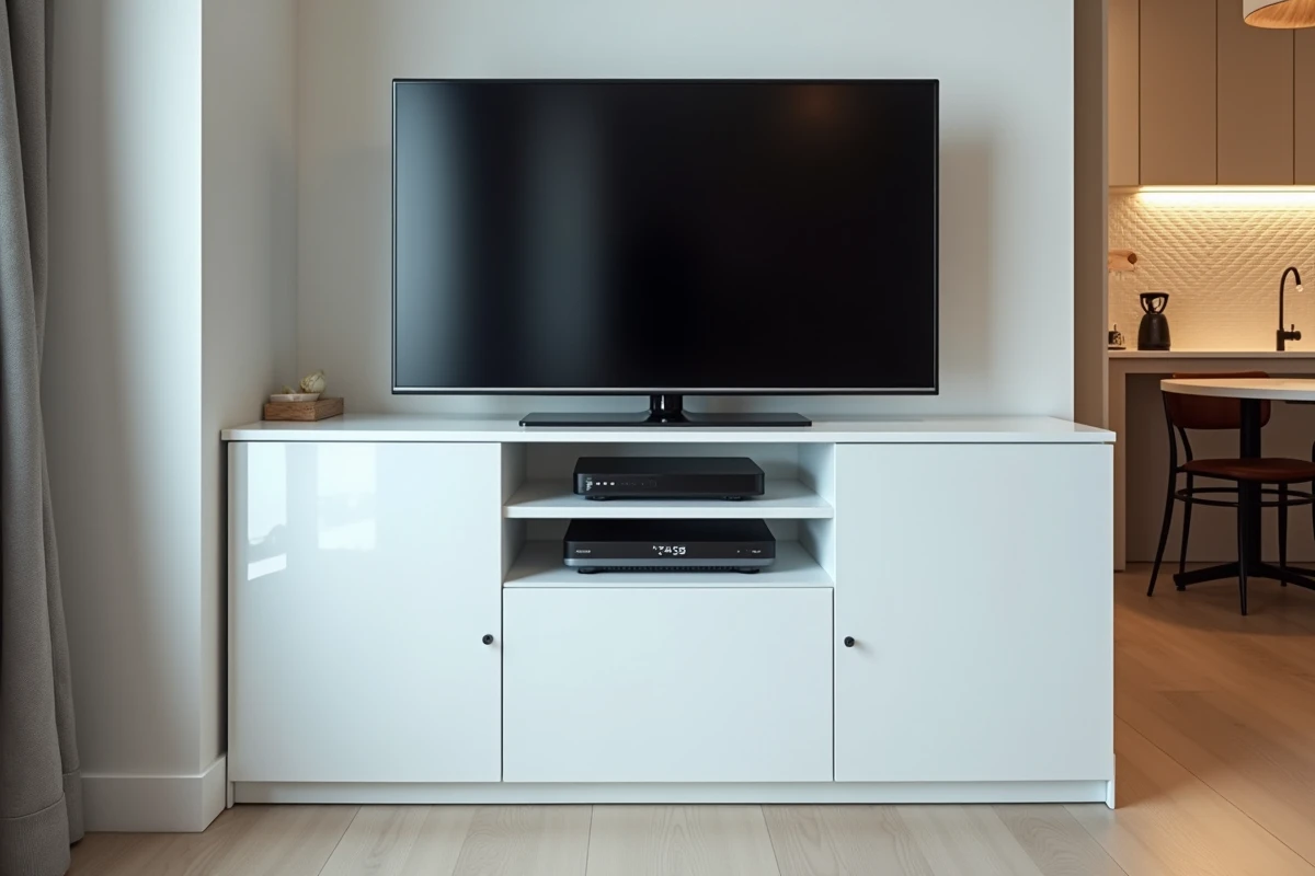Meuble télévision d'angle blanc laqué dans un studio meublé avec rangements fermés et équipements multimédia
