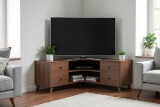 Meuble TV d'angle en bois foncé dans un salon de location meublée avec téléviseur et décoration sobre