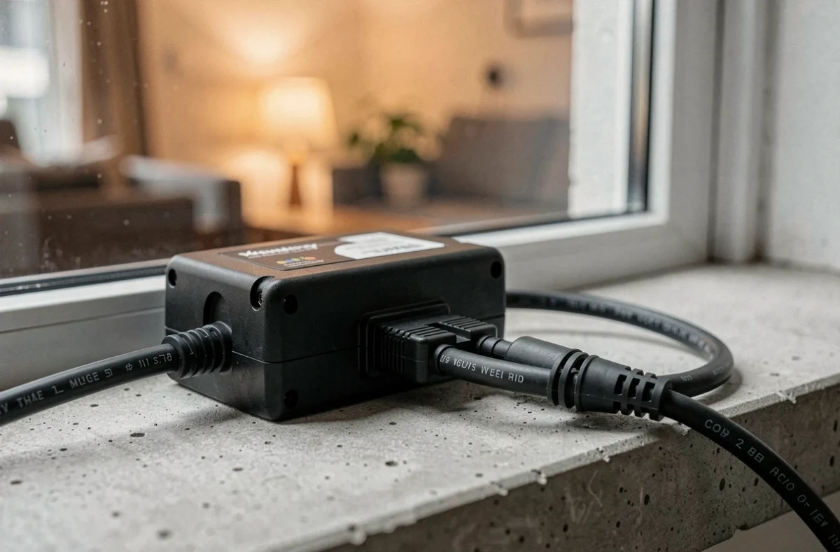 Gros plan sur le micro-onduleur et la prise d'un panneau solaire plug and play