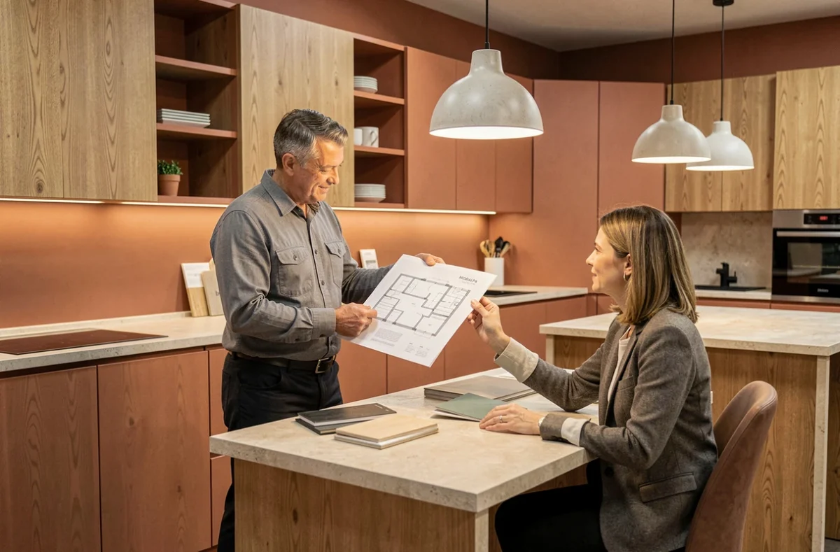 Designer Mobalpa Vichy présentant des échantillons de matériaux et un plan de cuisine à une cliente dans le showroom