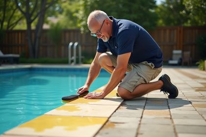 Homme nettoyant les algues jaunes dans la piscine