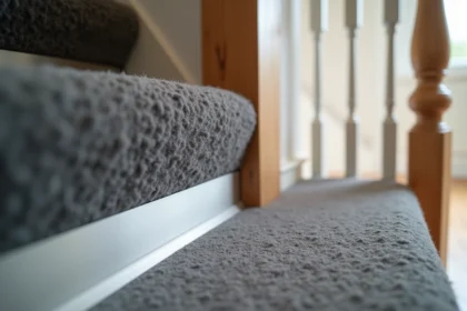 Gros plan sur un nez de marche en aluminium brossé installé sur une marche d'escalier recouverte de moquette grise, dans un intérieur contemporain