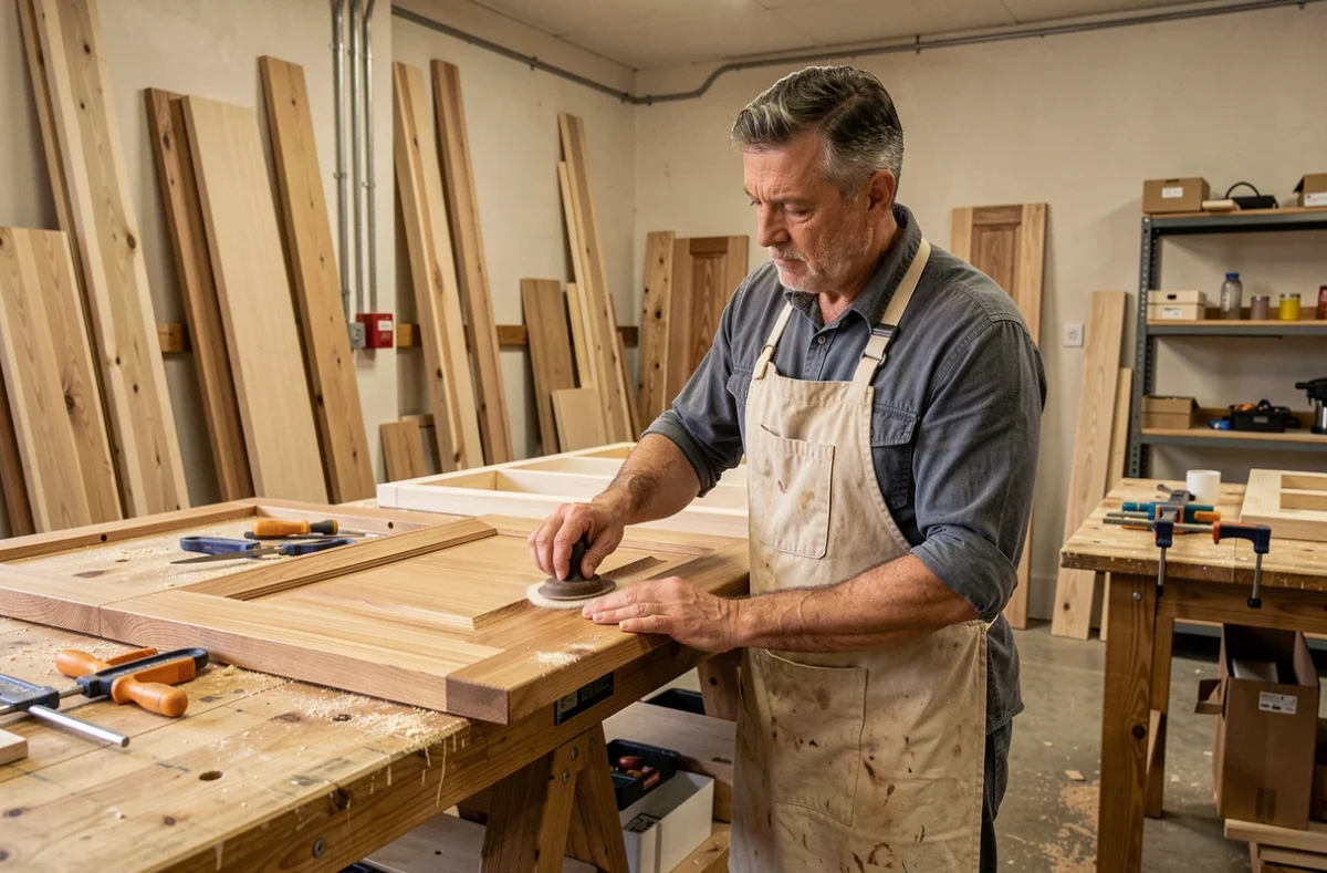 Artisan de OC Créations dans son atelier de l'Allier façonnant à la main un meuble de cuisine en bois massif