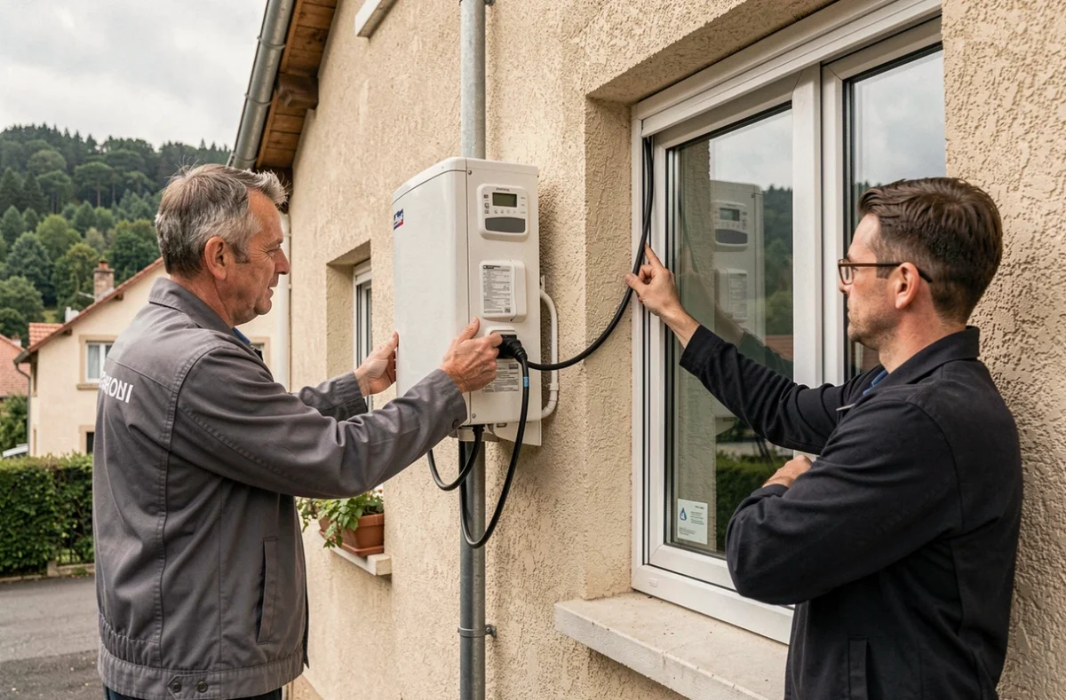Technicien Oriven Besançon combinant l'installation d'une pompe à chaleur et de menuiseries aluminium sur une façade bisontine