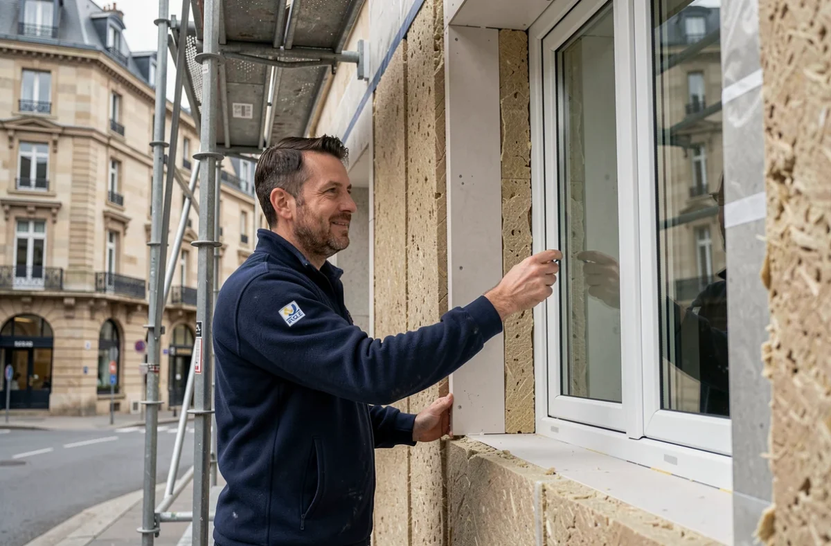 Artisan RGE Oriven Dijon posant une fenêtre et un isolant extérieur sur un immeuble ancien dans la capitale bourguignonne