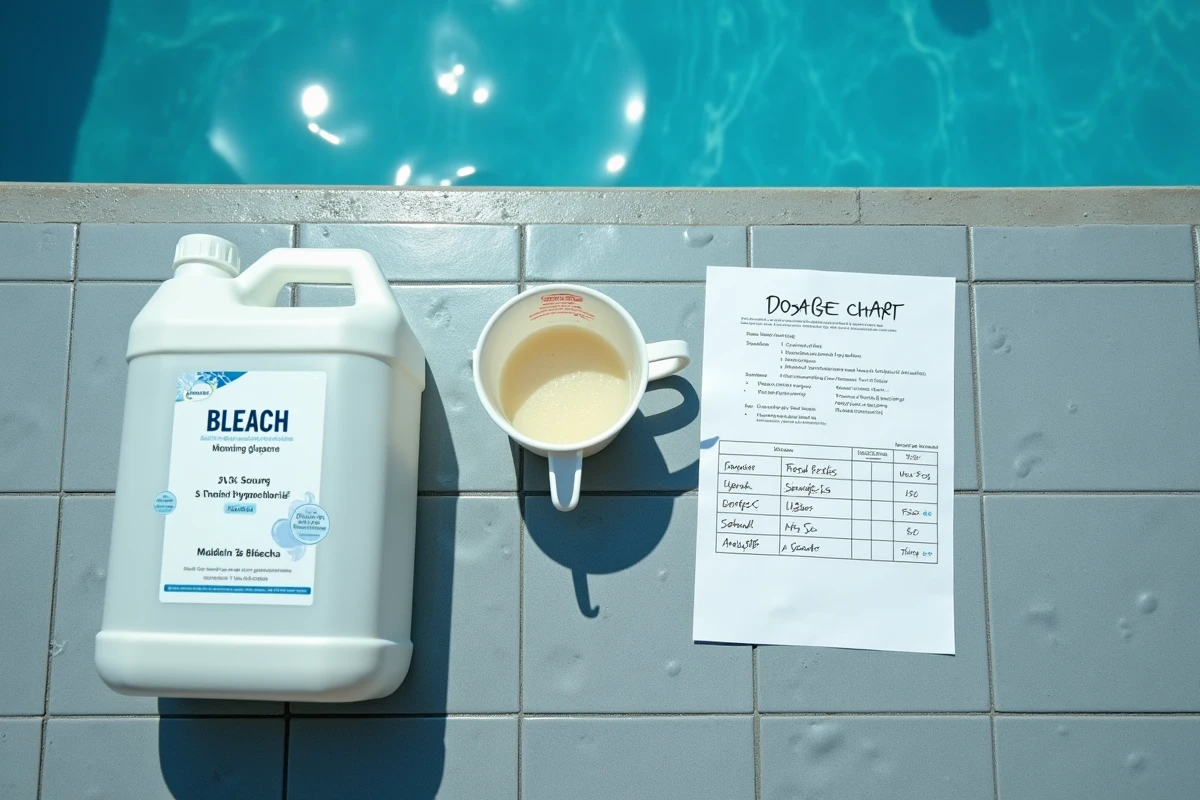 Vue aérienne des outils de dosage de javel 9,6% pour piscine 50 m3 avec fiche de calcul