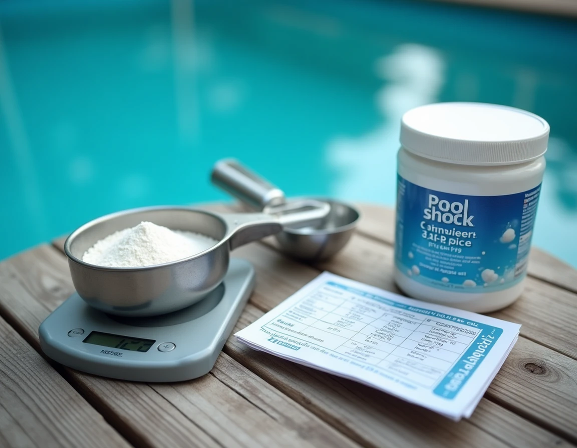 Gros plan sur les outils de dosage du chlore choc piscine avec balance et tableau de référence