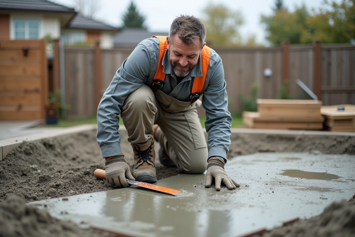 Ouvrier middleaged posant sur un chantier de béton frais