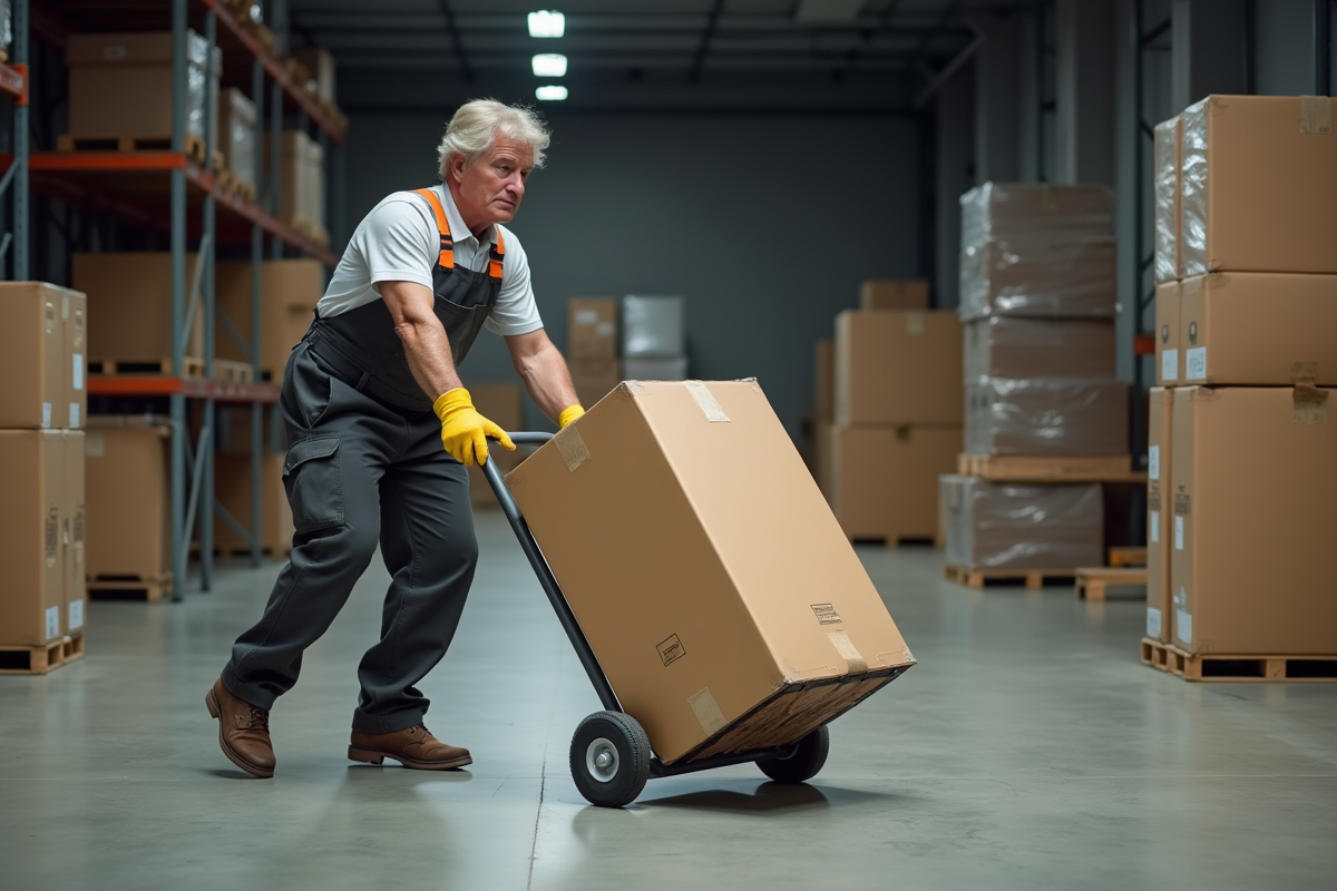 Homme en tenue de travail déplaçant une grande caisse