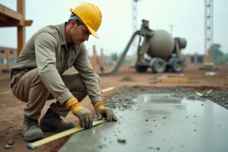 Ouvrier mesurant une dalle de béton sur un chantier de construction pour calculer le volume en m3