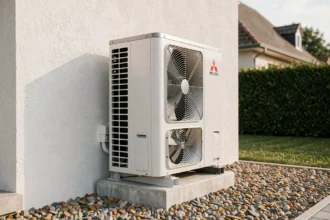 Unité extérieure de pompe à chaleur air-eau Mitsubishi installée sur la façade d'une maison individuelle avec fond de jardin flou