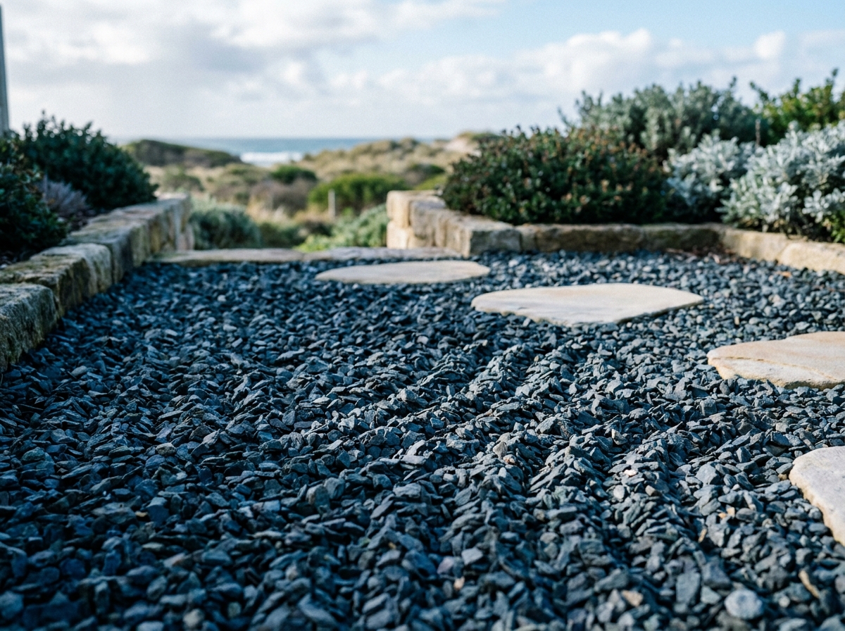 Paillage minéral en graviers de schiste bleu-gris structurant un espace de jardin zen côtier sans béton