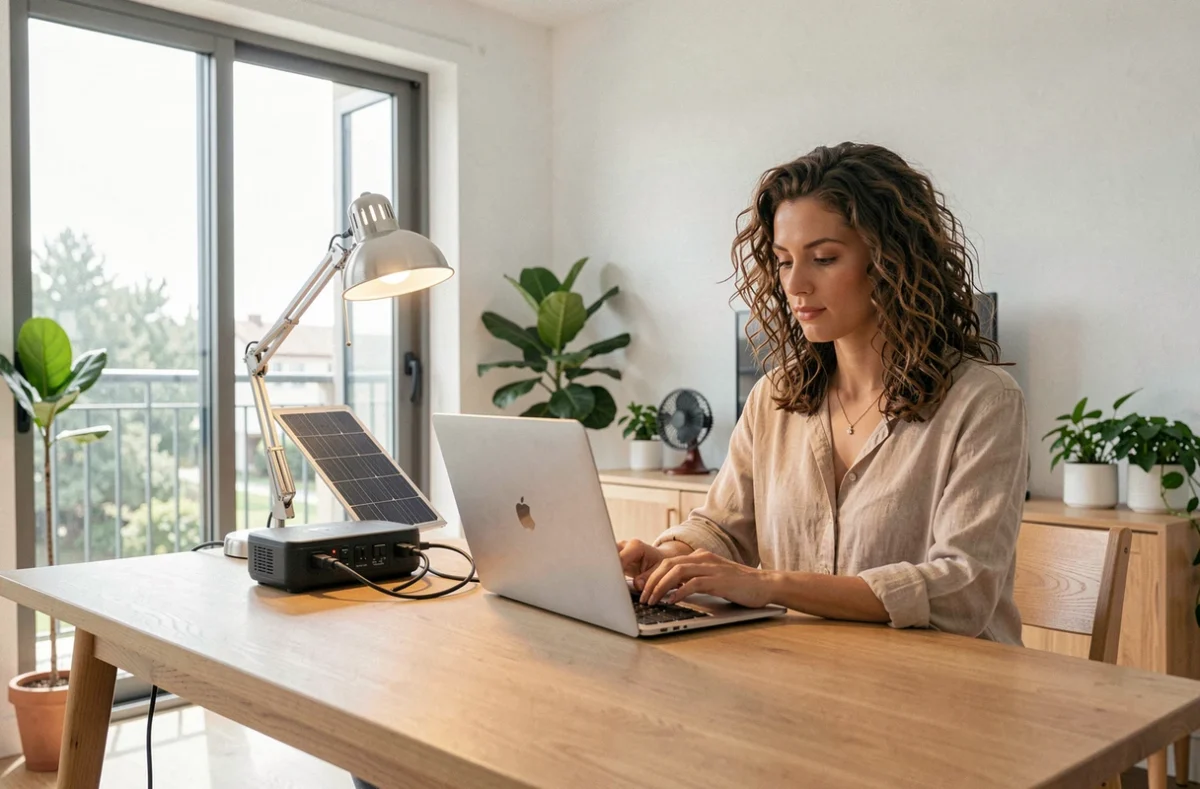 Femme travaillant sur un ordinateur portable alimenté par une station électrique portable connectée à un panneau solaire de 200W sur un balcon