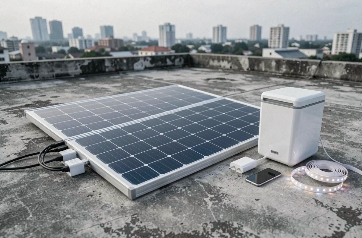 Panneau solaire monocristallin de 200W posé sur une terrasse en béton avec des appareils électriques qu'il peut alimenter