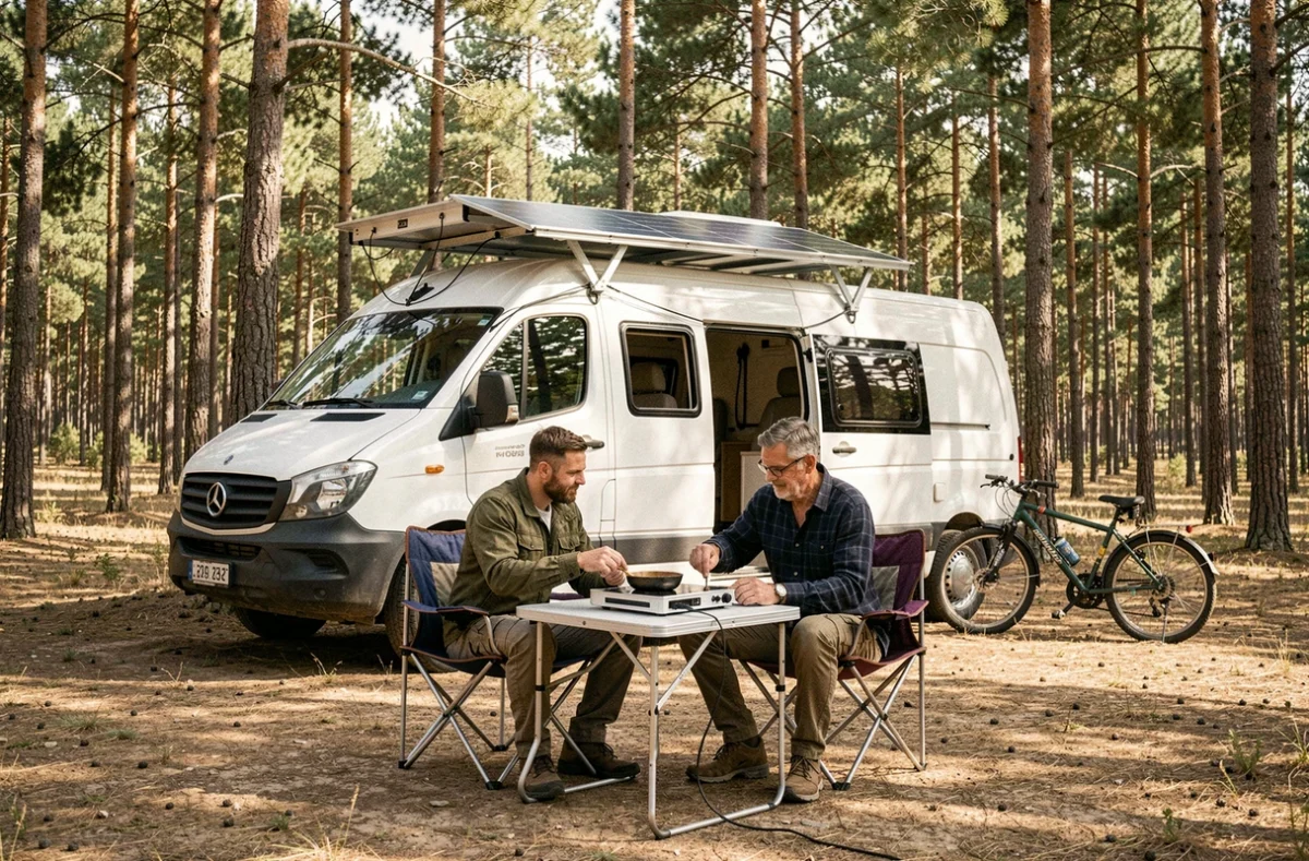 Couple en camping utilisant un panneau solaire de 200W sur un van pour alimenter une plaque de cuisson électrique en forêt