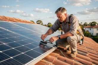 Technicien inspectant un panneau solaire de 200W installé sur un toit résidentiel avec des tuiles en terre cuite