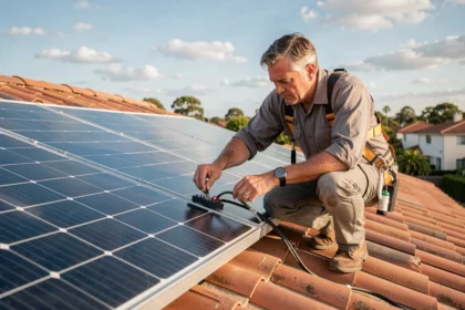 Technicien inspectant un panneau solaire de 200W installé sur un toit résidentiel avec des tuiles en terre cuite
