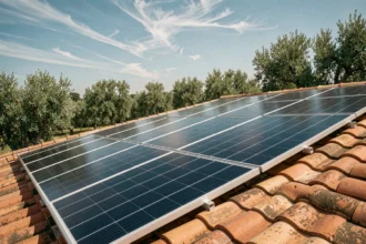 Panneaux solaires Dualsun 500W installés sur un toit en tuiles en France, vue en contre-plongée grand angle