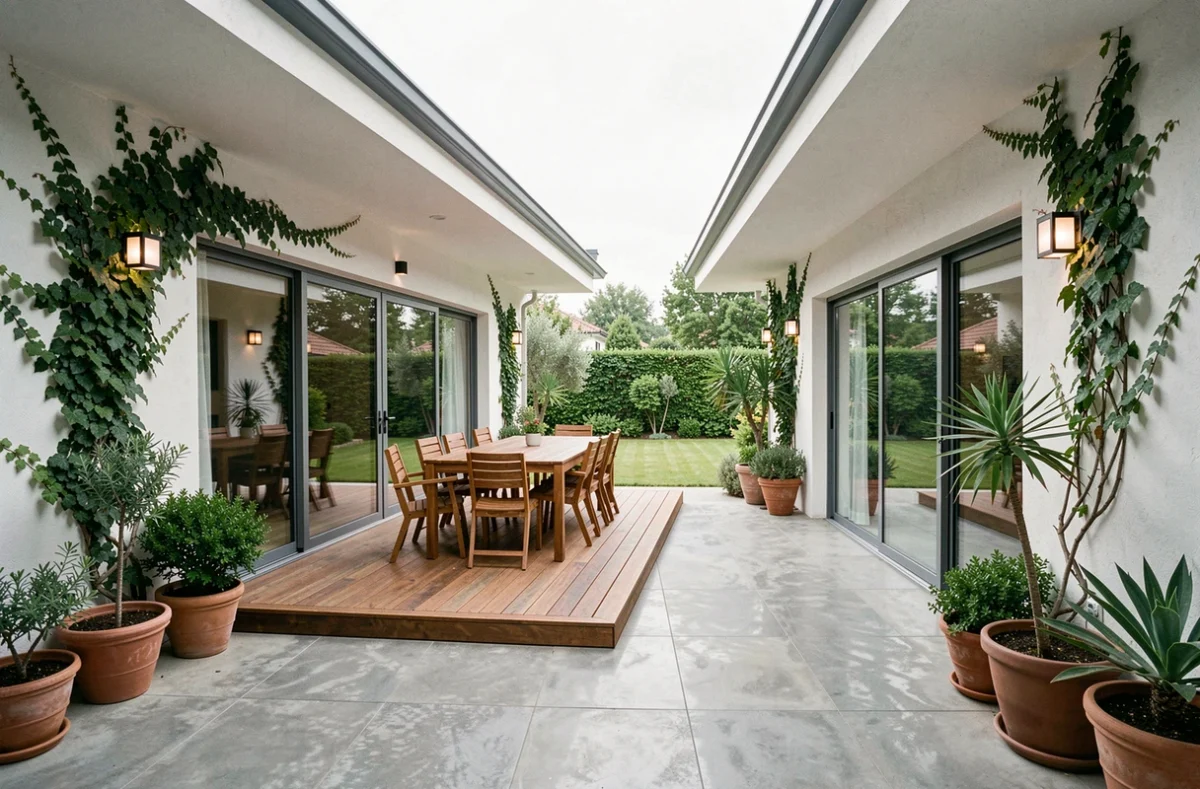 Patio intérieur d'une maison de plain pied en L avec terrasse bois et jardin aménagé