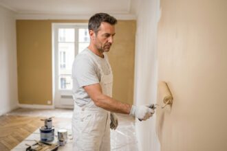 Peintre professionnel appliquant de la peinture beige sur un mur intérieur d'un appartement en rénovation