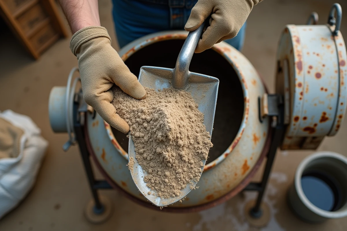 Gros plan sur une pelle de sable humide versée dans une bétonnière pour ajuster le dosage du béton