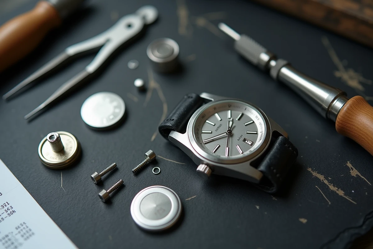 Vue aérienne d'une montre démontée avec pile CR2032 et outils de remplacement sur ardoise atelier