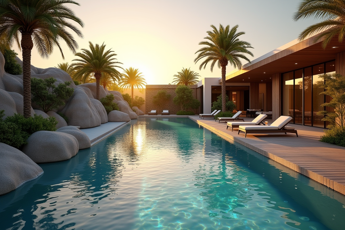 Piscine lagon moderne au coucher de soleil dans un jardin contemporain