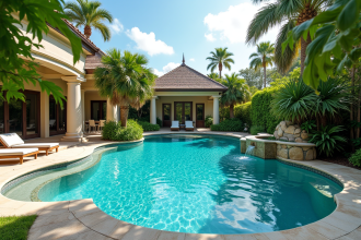 Piscine lagon luxueuse avec plantes tropicales et eau turquoise