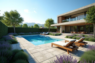 Piscine moderne entourée de végétation méditerranéenne