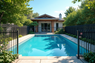 Piscine privée moderne dans un jardin ensoleille avec clôture
