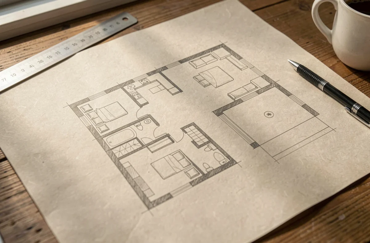 Plan architectural d'une maison en L de plain pied tracé sur table à dessin avec règle et crayon