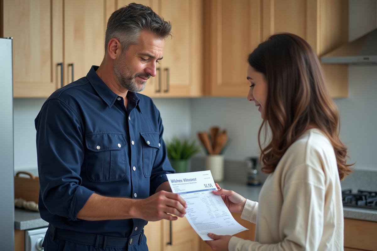 Plombier remettant une facture à une femme dans la cuisine
