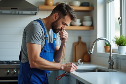Plombier homme inspectant un tuyau sous évier moderne