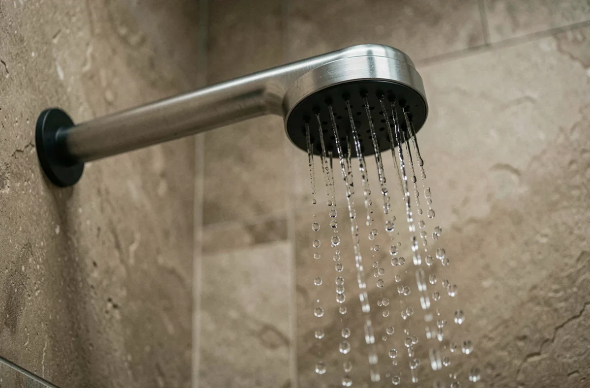 Pommeau de douche basse consommation avec jet d'eau en gros plan, symbolisant les économies d'eau et la réduction de la consommation en litres par douche