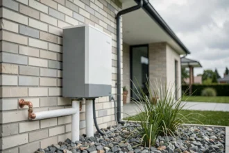 Pompe à chaleur air-eau nouvelle génération installée sur la façade extérieure d'une maison contemporaine