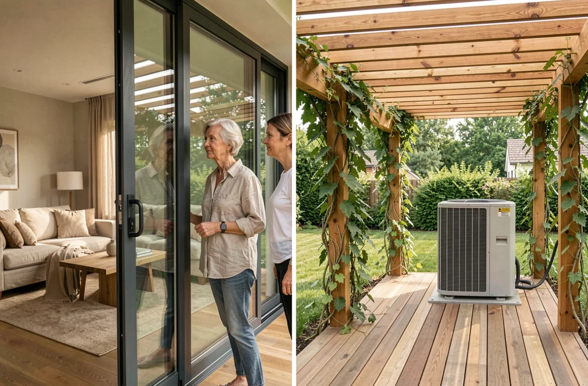 Vue depuis l'intérieur d'une maison sur une pompe à chaleur abritée sous une pergola en bois sur terrasse