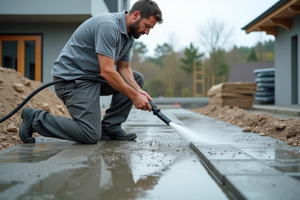Ouvrier professionnel réalisant le lavage d'une terrasse en béton désactivé au nettoyeur haute pression pour faire apparaître les gravillons