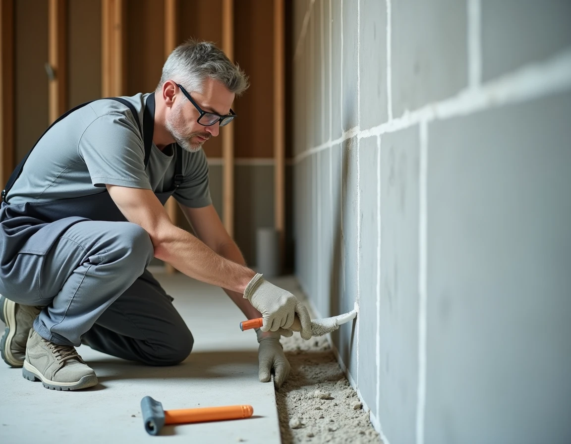 Artisan posant une membrane d'étanchéité sur une cloison demi-hauteur en salle de bains en rénovation